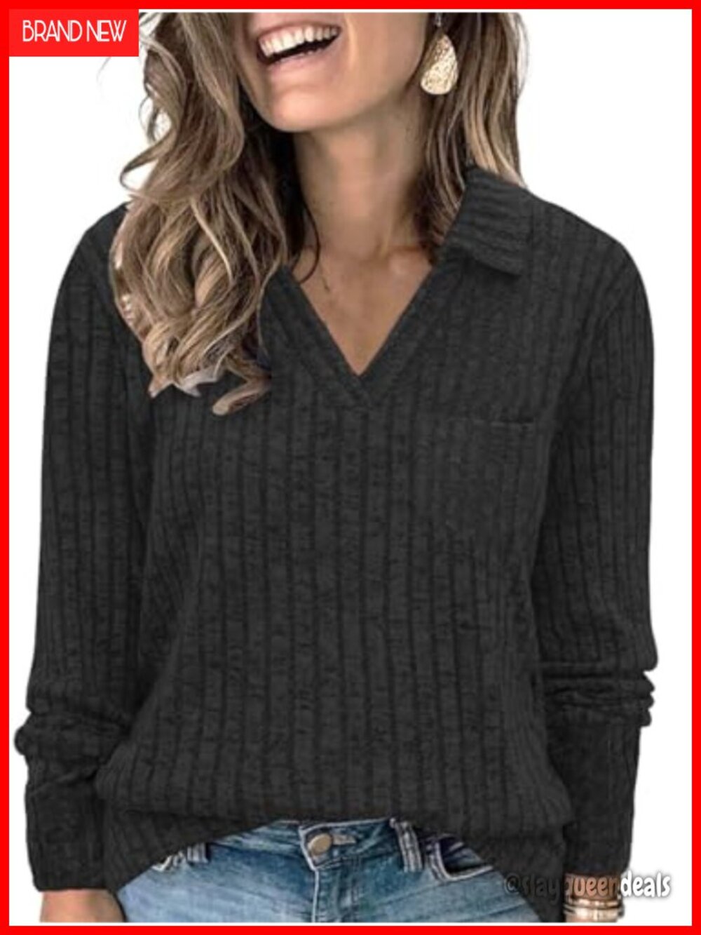 Women's Plus Size Collared V Neck Long Sleeve Sweater Tunic Pocket Blouse